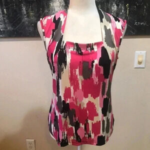 Kasper Pink/Black/White Abstract Design Blouse with Square Neckline Size PS